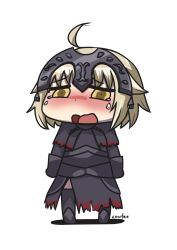 Rule 34 | 1girl, ahoge, armor, black dress, blonde hair, blush, chibi, cowfee, crying, diadem, dress, fate (series), full body, gauntlets, highres, jeanne d&#039;arc (fate), jeanne d&#039;arc alter (avenger) (fate), jeanne d&#039;arc alter (fate), long sleeves, open mouth, riyo (lyomsnpmp) (style), sad, short hair, signature, simple background, solo, standing, tearing up, tears, thighhighs, white background, yellow eyes