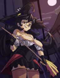 Rule 34 | 1girl, absurdres, black hair, bodice, breasts, broom, cowboy shot, filia (skullgirls), fingerless gloves, full moon, gloves, halloween costume, hat, highres, large breasts, looking at viewer, moon, moxydraws, night, red eyes, skirt, skullgirls, smile, solo, thighhighs, witch, witch hat