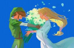 Rule 34 | 1boy, 1girl, :o, blue eyes, blush, brown gloves, chen si (chensiiii1030), closed eyes, d:, dress, facing down, fingerless gloves, flower, from side, gloves, green headwear, green tunic, hair ribbon, highres, holding, holding flower, layered sleeves, link, long hair, long sleeves, nintendo, open mouth, petals, pointy ears, princess zelda, profile, ribbon, short over long sleeves, short sleeves, simple background, the legend of zelda, the legend of zelda: skyward sword, tress ribbon, white dress, white hair, wide sleeves