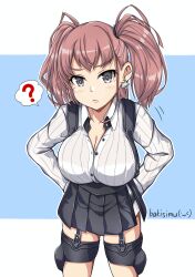 Rule 34 | 1girl, ?, absurdres, anchor hair ornament, artist name, atlanta (kancolle), black skirt, blue background, breasts, brown hair, cleavage, dress shirt, earrings, garter straps, grey eyes, hair ornament, hands on own hips, high-waist skirt, highres, jewelry, kantai collection, koutetunamekuji, large breasts, leaning forward, long hair, long sleeves, open clothes, shirt, skirt, solo, spoken question mark, star (symbol), star earrings, suspender skirt, suspenders, thigh strap, two side up, white shirt