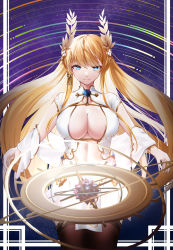 Rule 34 | 1girl, armillary sphere, azur lane, black thighhighs, blonde hair, blue eyes, breasts, center opening, china dress, chinese clothes, cleavage, closed mouth, clothing cutout, commentary, cowboy shot, dress, eyebrows hidden by hair, floating hair, gold trim, head wreath, highres, lace, lace-trimmed legwear, lace trim, large breasts, laurel crown, long hair, looking at viewer, navel cutout, official alternate costume, pelvic curtain, shawl, sidelocks, smile, solo, standing, tagme, thighhighs, very long hair, victorious (azur lane), victorious (guidance of the spring goddess) (azur lane), white dress, white shawl, winterfall (artenh)
