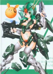 Rule 34 | 1girl, armor, beam rifle, breasts, character name, cherudim, energy gun, green eyes, green hair, gundam, haro, long hair, navel, personification, simple background, text focus, thighhighs, thighs, weapon