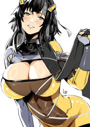 Rule 34 | 1girl, black hair, blush, bodysuit, breasts, club3, fingerless gloves, gloves, grey eyes, highres, huge breasts, leaning forward, long hair, looking at viewer, multicolored bodysuit, multicolored clothes, siris (snowbreak), skin tight, skindentation, snowbreak: containment zone, solo, white background