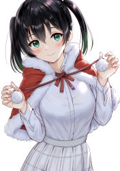 Rule 34 | 1girl, aqua eyes, black hair, blush, breasts, capelet, closed mouth, collared shirt, commentary request, cowboy shot, fur-trimmed capelet, fur trim, gradient hair, green hair, highres, holding, large breasts, long hair, long sleeves, looking at viewer, love live!, love live! nijigasaki high school idol club, multicolored hair, neck ribbon, nijigasaki academy school uniform, plaid, plaid skirt, pleated skirt, red capelet, red ribbon, ribbon, sankuro (agoitei), school uniform, shirt, simple background, skirt, smile, solo, takasaki yu, twintails, white background, white shirt, white skirt