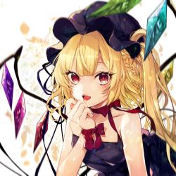 Rule 34 | 1girl, alternate costume, bare arms, bare shoulders, black dress, black hat, blonde hair, blunt bangs, collarbone, daimaou ruaeru, dress, eyelashes, fangs, flandre scarlet, hand up, hat, highres, long hair, looking at viewer, mob cap, open mouth, red eyes, red ribbon, ribbon, side ponytail, smile, solo, touhou, upper body, white background, wings, wrist ribbon