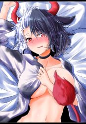 Rule 34 | 1girl, absurdres, animal ears, animal print, arm up, bed, black choker, black hair, blush, breasts, choker, collarbone, commentary request, cow ears, cow horns, cow print, cow tail, hair between eyes, haori, head tilt, highres, horns, japanese clothes, large breasts, letterboxed, long sleeves, looking at viewer, lying, multicolored hair, navel, nose blush, on back, open mouth, oshiaki, partial commentary, pillow, red eyes, shadow, short hair, silver hair, solo, split-color hair, stomach, tail, tail censor, touhou, two-tone hair, upper body, ushizaki urumi