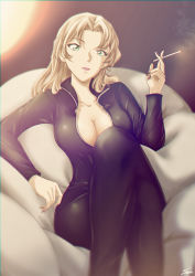 Rule 34 | 1girl, black bodysuit, black nails, blonde hair, bodysuit, breasts, cigarette, cleavage, closed mouth, collarbone, crossed legs, green eyes, hair intakes, highres, holding, holding cigarette, large breasts, lipstick, long hair, looking at viewer, makeup, meitantei conan, nail polish, partially unzipped, signature, sitting, smoke, smoking, solo, sooma4869, vermouth (meitantei conan)