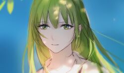 Rule 34 | 1other, androgynous, chain, enkidu (fate), fate/strange fake, fate (series), glowing, glowing clothes, glowing eyes, green eyes, green hair, hair between eyes, long hair, looking at viewer, male focus, robe, rrr (reason), shirt, smile, solo, upper body, very long hair, white robe, white shirt, yellow eyes