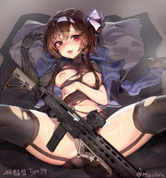 Rule 34 | 1girl, :3, :d, absurdres, arm up, assault rifle, bad id, bad pixiv id, black thighhighs, blush, bodysuit, breasts, brown hair, fang, girls&#039; frontline, gun, hair ribbon, hairband, highres, jewelry, looking at viewer, lying, medium breasts, muloli, navel, nipples, on back, open mouth, red eyes, ribbon, rifle, ring, short hair with long locks, sitting, smile, solo, spread legs, sweat, thighhighs, torn clothes, torn thighhighs, turtleneck, type 79 (girls&#039; frontline), weapon, wedding band, white ribbon