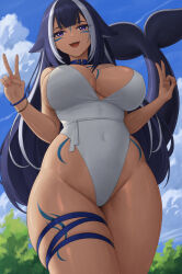 Rule 34 | 1girl, :3, animal ears, bead bracelet, beads, blue collar, blue hair, blue sky, body markings, bracelet, breasts, cetacean tail, collar, commentary, covered navel, double v, english commentary, facial mark, fins, fish tail, hands up, highleg, highleg swimsuit, highres, indie virtual youtuber, jewelry, large breasts, long hair, looking at viewer, multicolored hair, one-piece swimsuit, open mouth, orca girl, outdoors, purple eyes, shylily, shylily (bikini), sideboob, skindentation, sky, smile, solo, streaked hair, striped, swimsuit, tail, thigh strap, thighs, v, virtual youtuber, white hair, white one-piece swimsuit, zaphn