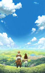 Rule 34 | 1boy, 1girl, bag, black gloves, black thighhighs, blue sky, brown hair, cloud, commentary, commission, day, english commentary, fisheye, from behind, gloves, grass, holding hands, horizon, kenji gonzales, landscape, long hair, long sleeves, midriff, official art, original, outdoors, puffy long sleeves, puffy sleeves, river, scenery, see-through, shirt, short sleeves, sky, standing, thighhighs, water, white shirt