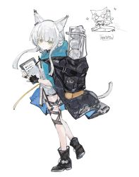 Rule 34 | 1girl, animal ear fluff, animal ears, arknights, backpack, bag, black footwear, black gloves, black jacket, blush, boots, cat ears, cat girl, cat tail, chibi, clipboard, closed mouth, commentary request, dress, fingerless gloves, from side, gloves, green eyes, grey hair, highres, holding, jacket, long hair, looking at viewer, looking to the side, osakanadream, rosmontis (arknights), sidelocks, simple background, solo, sparkle, tail, v-shaped eyebrows, walking, white background, white dress