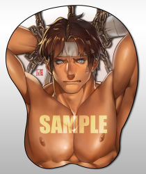Rule 34 | 1boy, bara, bare pectorals, blue eyes, breast mousepad, brown hair, castlevania (series), chain, chained, chained wrists, headband, large pectorals, looking at viewer, male focus, mousepad, mousepad (medium), muscular, na insoo, nipples, pectoral focus, pectorals, richter belmont, sample watermark, solo, sweatdrop, upper body, watermark
