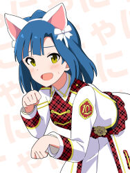 Rule 34 | animal ears, blue hair, blush, cat ears, commentary request, cowboy shot, embarrassed, fake animal ears, highres, idolmaster, idolmaster million live!, idolmaster million live! theater days, jacket, long sleeves, looking at viewer, nanao yuriko, open mouth, paw pose, plaid, plaid jacket, plaid skirt, re prologue x (idolmaster), red jacket, red skirt, short hair, simple background, skirt, translated, trinitro t, white background, white jacket, white skirt, yellow eyes