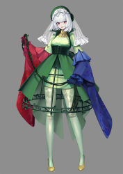 Rule 34 | 1girl, asymmetrical gloves, asymmetrical sleeves, blue gloves, bob cut, bonnet, bow, breasts, creatures (company), crinoline, dress, floral print, flower, frilled sleeves, frills, full body, game freak, gen 3 pokemon, gloves, green dress, green flower, green pantyhose, green rose, grey background, hair bow, high collar, highres, holding, holding whip, jewelry, layered dress, layered sleeves, legs apart, long sleeves, looking at viewer, merlusa, mismatched gloves, mismatched sleeves, necklace, nintendo, outstretched arm, pantyhose, personification, plant, pokemon, print dress, red eyes, red gloves, rose, roselia (pokemon), see-through, simple background, smile, solo, underbust, veil, vines, white bow, white flower, white hair, white rose, wide sleeves, yellow footwear