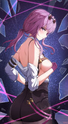 Rule 34 | 1girl, absurdres, artist name, ass, bare back, bare shoulders, blush, breasts, broken glass, cleavage, commentary, commentary request, cowboy shot, english commentary, eyewear on head, from behind, glass, gloves, head down, high-waist shorts, highres, honkai: star rail, honkai (series), kafka (honkai: star rail), korean commentary, large breasts, legs together, looking at viewer, mixed-language commentary, off shoulder, pantyhose, pink eyes, pink gloves, pink hair, pointy nose, sash, shorts, sideboob, solo, sparkle, topless, yeni1871