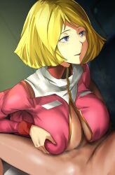 Rule 34 | 1boy, 1girl, blonde hair, blue eyes, breasts, cafekun, censored, commentary, english commentary, gundam, hetero, large breasts, long sleeves, mixed-language commentary, mobile suit gundam, mosaic censoring, paizuri, parted lips, penis, sayla mass, short hair, smile, solo focus
