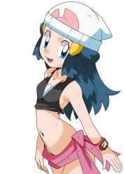 Rule 34 | 1girl, adapted costume, bare shoulders, beanie, black shirt, blue eyes, blue hair, breasts, convenient censoring, creatures (company), dawn (pokemon), game freak, hainchu, hair ornament, hairclip, hat, long hair, looking at viewer, midriff, navel, nintendo, no panties, open mouth, pokemon, pokemon (anime), pokemon dppt (anime), shirt, skirt, sleeveless, sleeveless shirt, small breasts, smile, solo, tied shirt, white hat