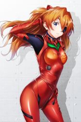 Rule 34 | 1girl, absurdres, blue eyes, bodysuit, breasts, brown hair, contrapposto, cowboy shot, eyepatch, floating hair, hand in own hair, hand on own hip, headgear, highres, huge filesize, long hair, looking at viewer, neon genesis evangelion, parted lips, plugsuit, red bodysuit, shiny clothes, small breasts, solo, souryuu asuka langley, standing, very long hair, yumemo