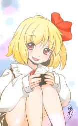 Rule 34 | 1girl, blonde hair, food, hair ornament, hair ribbon, highres, holding, looking at viewer, onigiri, parted lips, red eyes, ribbon, rumia, short hair, signature, sitting, sketch, smile, solo, touhou, yuzuna99