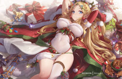 Rule 34 | 1girl, arms up, blonde hair, blue eyes, box, breasts, closed mouth, commentary, english commentary, gem, gift, hair ornament, large breasts, long hair, lying, mitsu (mitsu art), nintendo, on back, patreon username, pointy ears, princess zelda, single thighhigh, smile, solo, the legend of zelda, thighhighs, thighs, white thighhighs