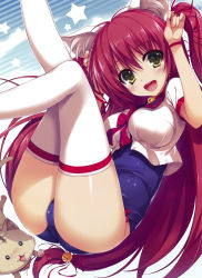 Rule 34 | 1girl, absurdres, animal ears, bell, cat, cat ears, copyright request, green eyes, hair bell, hair ornament, hair ribbon, highres, jingle bell, long hair, low-tied long hair, no pants, one-piece swimsuit, red hair, ribbon, school swimsuit, school uniform, shiny clothes, swimsuit, swimsuit under clothes, thighhighs, tomose shunsaku, twintails, two side up, white thighhighs, yellow eyes
