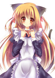 Rule 34 | 1girl, amane ruri, animal ears, blonde hair, blush, cat ears, cat tail, hair ribbon, highres, long hair, maid, md5 mismatch, original, red eyes, resolution mismatch, ribbon, solo, source smaller, tail, type (artist), white background