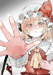 Rule 34 | 1girl, absurdres, ascot, d:, flandre scarlet, foreshortening, hair between eyes, hat, highres, looking at viewer, medium hair, mob cap, niseneko (mofumofu ga ienai), open hand, open mouth, orange eyes, perspective, pointy ears, reaching, reaching towards viewer, simple background, solo, touhou, upper body, white background, yellow ascot