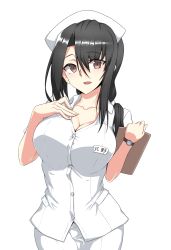 Rule 34 | :d, black hair, borrowed character, breasts, brown eyes, cleavage, commentary request, hair over shoulder, hand on own chest, hat, highres, kitano (zekkyon), large breasts, long hair, name tag, nurse, nurse cap, open mouth, original, ponytail, shirt, smile, solo, utsumi karmin, watch, white shirt, wristwatch