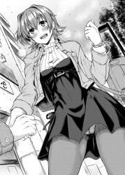 Rule 34 | 1boy, 1girl, alternate costume, bag, breasts, breath, construction, dress, earrings, greyscale, halftone, highres, holding hands, jacket, jewelry, kantai collection, kawajuu, kinu (kancolle), lamppost, long sleeves, monochrome, open mouth, out of frame, panties, panties under pantyhose, pantyhose, pantyshot, road, short hair, smile, standing, street, tree, underwear, watch