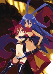 Rule 34 | 2girls, :d, arm around neck, bandeau, bangle, belt, bikini, bikini top only, black gloves, blue hair, boots, bracelet, breasts, breasts apart, choker, demon girl, demon tail, disgaea, disgaea d2, earrings, etna (disgaea), fang, fingerless gloves, flat chest, front-tie top, gender request, genderswap, gloves, groin, hand on own hip, harada takehito, jewelry, laharl-chan, long hair, midriff, multiple girls, navel, nippon ichi, official art, open mouth, pants, pointy ears, red eyes, red hair, red legwear, red scarf, scarf, short shorts, shorts, smile, strapless, swimsuit, tail, thigh boots, thighhighs, torn clothes, torn pants, tube top, twintails, very long hair