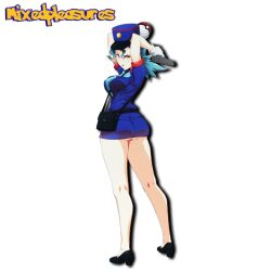 Rule 34 | 1girl, ass, blue hair, breasts, creatures (company), from behind, game freak, gun, hat, high heels, highres, jenny (pokemon), large breasts, legs, lipstick, looking at viewer, makeup, medium breasts, mixedpleasures, nintendo, no panties, poke ball, poke ball (basic), pokemon, pokemon (anime), pokemon (classic anime), police, police hat, police uniform, policewoman, red eyes, sideboob, skirt, solo, thighs, uniform, weapon