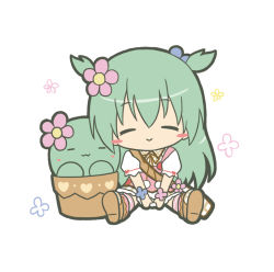 Rule 34 | 1girl, :&gt;, :3, bad id, bad pixiv id, bag, blue flower, brown footwear, cactus, chibi, closed eyes, closed mouth, collared shirt, commentary request, emil chronicle online, facing viewer, flower, green hair, hair between eyes, hair flower, hair ornament, kneehighs, long hair, pink flower, pink vest, plant, pot, potted plant, puffy short sleeves, puffy sleeves, ri-net, shabotan alma, shirt, shoes, short sleeves, shoulder bag, simple background, sitting, skirt, socks, solo, striped clothes, striped socks, two side up, v arms, very long hair, vest, white background, white shirt, white skirt
