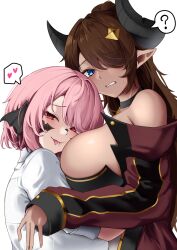 Rule 34 | 2girls, :p, ?, black horns, blue eyeq, blue eyes, breasts, brown hair, commission, hair over one eye, heart, highres, horns, hug, large breasts, long hair, long sleeves, looking at viewer, masaki nanaya, multiple girls, original, pink hair, red eyes, short hair, simple background, skeb commission, spoken heart, spoken question mark, tongue, tongue out, upper body, white background
