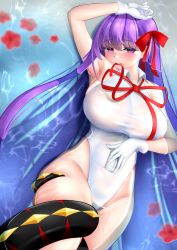 Rule 34 | 1girl, arm up, armpits, bare shoulders, bb (fate), bb (fate) (all), bb (swimsuit mooncancer) (fate), bb (swimsuit mooncancer) (third ascension) (fate), blush, breasts, covered navel, fate/grand order, fate (series), flower, gloves, hair ribbon, highleg, highleg leotard, highres, large breasts, leotard, long hair, looking at viewer, lying, mepurin (scarlet59833), mouth hold, neck ribbon, on back, purple eyes, purple hair, red ribbon, ribbon, shore, smile, tentacles, thighs, very long hair, wet, white gloves, white leotard