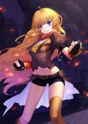 Rule 34 | 1girl, ahoge, asymmetrical legwear, belt, belt pouch, black gloves, black shorts, blonde hair, buckle, clenched hands, crop top, fanny pack, fingerless gloves, gloves, highres, long hair, midriff, navel, orange legwear, orange scarf, parted lips, pouch, puffy short sleeves, puffy sleeves, purple eyes, rekaerb maerd, rwby, scarf, short shorts, short sleeves, shorts, skindentation, solo, stomach, uneven legwear, very long hair, waist cape, wavy hair, weapon, yang xiao long
