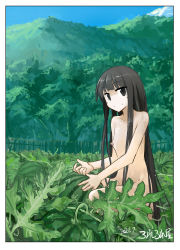 Rule 34 | 1girl, barefoot, black eyes, black hair, blue sky, collarbone, dated, day, fence, flat chest, highres, long hair, mountainous horizon, nipples, no nose, nude, original, outdoors, roreru (rorerore-ya), signature, sky, smile, solo, squatting, tree, very long hair