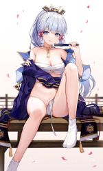 Rule 34 | 1girl, :q, absurdres, ayaka (genshin impact), bare shoulders, blue eyes, blue skirt, breasts, budget sarashi, choker, cleavage, clothes lift, collarbone, flower knot, folding fan, genshin impact, hair ornament, hair ribbon, hand fan, highres, hokori sakuni, holding, japanese clothes, knee up, lifted by self, long hair, looking at viewer, medium breasts, mole, mole under eye, navel, off shoulder, open clothes, panties, petals, ponytail, ribbon, sarashi, side-tie panties, silver hair, simple background, sitting, skirt, skirt lift, smile, solo, tabi, thighs, tongue, tongue out, tress ribbon, underwear, untied panties, white background, white legwear, white panties