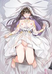 Rule 34 | 1girl, aftersex, barefoot, blunt bangs, blush, breasts, brown hair, censored, choker, condom, cum, cum on body, dildo, dress, earrings, facial, green eyes, heart, heart-shaped pupils, highres, indie virtual youtuber, jewelry, long hair, lucia (vtuber), medium breasts, multicolored hair, nipples, on bed, pussy, pussy juice, see-through, sex toy, solo, sweat, symbol-shaped pupils, torogao, two-tone hair, uno ryoku, used condom, virtual youtuber, white dress