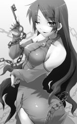 Rule 34 | 1girl, ass, bare shoulders, breasts, chain, detached sleeves, elbow gloves, gloves, greyscale, key, long hair, monochrome, nilitsu, one eye closed, side slit, solo, very long hair, wink