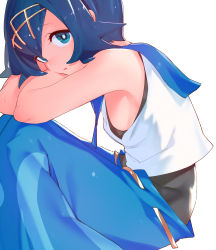 Rule 34 | 1girl, armpits, bare arms, blouse, blue eyes, blue hair, blue pants, blue sailor collar, breasts, creatures (company), crop top, crop top overhang, eyelashes, from side, game freak, hair ornament, head rest, knees up, lana (pokemon), looking at viewer, matching hair/eyes, nintendo, pants, parted lips, pokemon, pokemon sm, ryokucha (i cobalt), sailor collar, shirt, short hair, sideboob, simple background, sitting, sleeveless, small breasts, solo, trial captain, undershirt, white background, white shirt