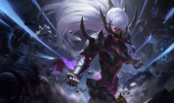 Rule 34 | 1girl, alternate costume, armor, blue eyes, breastplate, clenched hands, commentary, covered mouth, english commentary, gauntlets, greaves, hair over one eye, highres, irelia, kilart, large hat, league of legends, long hair, mask, mouth mask, nightblade irelia, official art, pauldrons, shoulder armor, solo, spikes, white hair