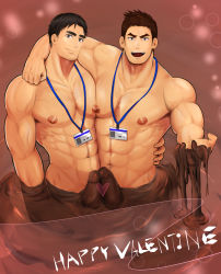 Rule 34 | 2boys, :d, abs, arm around shoulder, bara, black hair, brown hair, chocolate, chocolate on body, completely nude, couple, english text, erection, food on body, happy valentine, head tilt, heart, highres, large pectorals, male focus, multiple boys, muscular, muscular male, nantaimori, navel, navel hair, nipple-to-nipple, nipples, nude, open mouth, original, pectoral docking, pectoral press, pectorals, penis, penises touching, short hair, smile, stomach, valentine, yaoi, yuki goroku