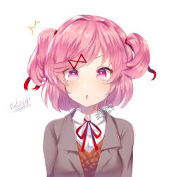 Rule 34 | 1girl, :o, ^^^, artist name, bad id, bad instagram id, blazer, blush, breasts, character name, collared shirt, commentary, commission, doki doki literature club, greenpantsu, grey jacket, hair ornament, hairclip, jacket, long sleeves, looking at viewer, natsuki (doki doki literature club), open mouth, orange vest, pink eyes, pink hair, portrait, red neckwear, red ribbon, ribbon, school uniform, shirt, short hair, simple background, solo, two side up, vest, watermark, white background, white shirt