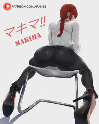 Rule 34 | 1girl, araneesama, ass, black footwear, black pants, braid, braided ponytail, cameltoe, chainsaw man, chair, character name, collared shirt, dress shirt, from behind, full body, high heels, huge ass, long hair, long sleeves, looking back, makima (chainsaw man), pants, patreon username, red hair, shirt, shoulder blades, simple background, sitting, solo, tight clothes, tight pants, tight shirt, white shirt, yellow eyes