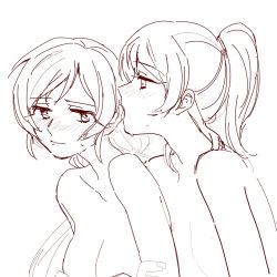 Rule 34 | 10s, 2girls, ayase eli, bare shoulders, blush, couple, ear licking, embarrassed, high ponytail, licking, love live!, love live! school idol project, multiple girls, ponytail, simple background, sweatdrop, tojo nozomi, yuri