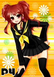 Rule 34 | 1girl, :d, atlus, bent over, black thighhighs, blush, collarbone, ichigou miya, kujikawa rise, long sleeves, looking at viewer, neckerchief, open mouth, persona, persona 4, red eyes, red hair, sailor collar, school uniform, smile, solo, thighhighs, twintails, zettai ryouiki