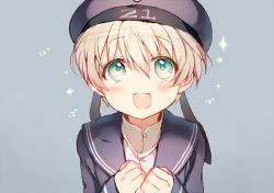 Rule 34 | 10s, 1girl, beret, blonde hair, clothes writing, green eyes, hat, kantai collection, looking at viewer, open mouth, sailor collar, sailor hat, shigaraki (strobe blue), short hair, simple background, smile, solo, z1 leberecht maass (kancolle)