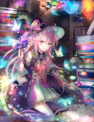 Rule 34 | 1girl, :o, animal, antennae, book, book stack, bookshelf, boots, brown hair, bug, butterfly, detached sleeves, dress, full body, grey hair, hat, highres, indoors, insect, kazu (muchuukai), kneeling, lamp, magic, open mouth, original, sitting, solo, tears, thigh boots, thighhighs, wand, wariza, white thighhighs, wind chime, wings, witch hat