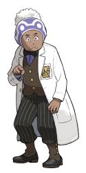 Rule 34 | 1boy, :&lt;, absurdres, artist request, black bow, black bowtie, black pants, bow, bowtie, brown footwear, brown vest, buttons, closed mouth, coat, creatures (company), dark-skinned male, dark skin, facial hair, full body, game freak, hand up, hat, highres, lab coat, laventon (pokemon), male focus, nintendo, official art, open clothes, open coat, outline, pants, pinstripe pattern, pocket, pointing, pointing at viewer, pokemon, pokemon legends: arceus, purple eyes, purple hat, purple shirt, shirt, shoes, simple background, solo, standing, striped, transparent background, vest, white coat, white outline